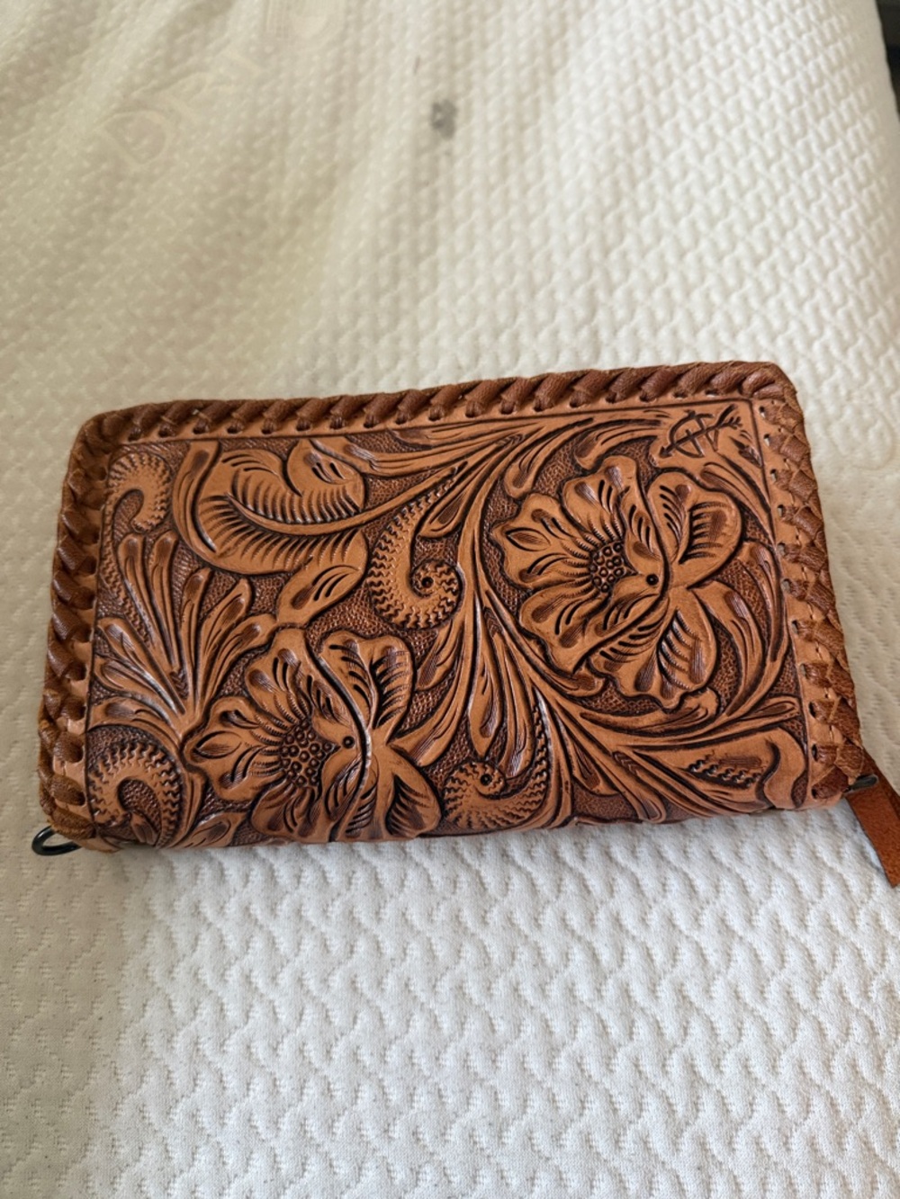 Hand-Tooled Floral Leather Zip Wallet - Cognac Brown